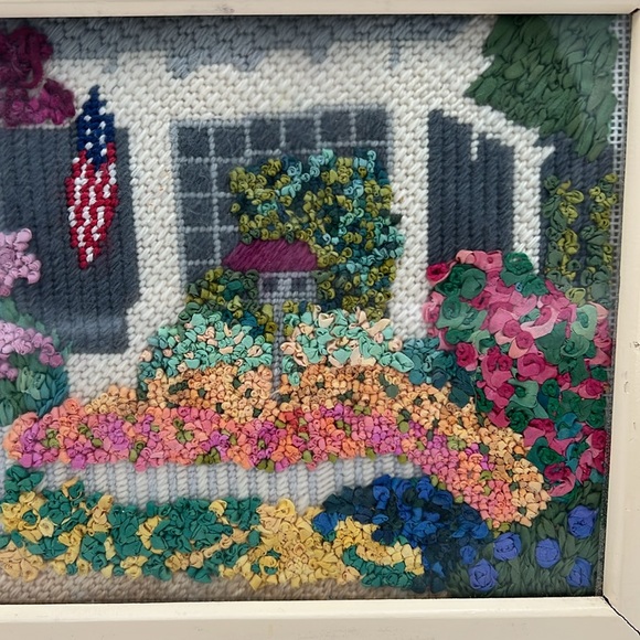 Signed Framed Crewel & Crossstitch Cottage/Garden Scene w/ American Flag - 15x12 - Picture 3 of 9